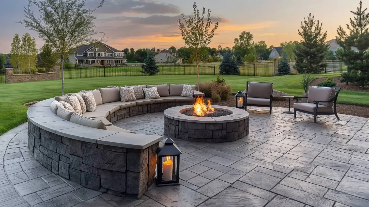 Stamped concrete patio with a curved seating wall and fire pit at dusk